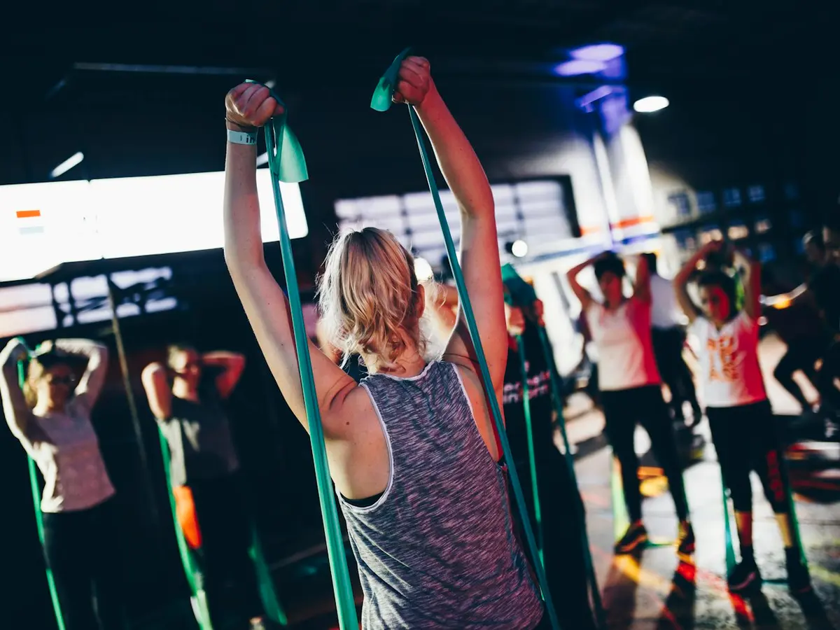Group fitness class training with resistance bands
