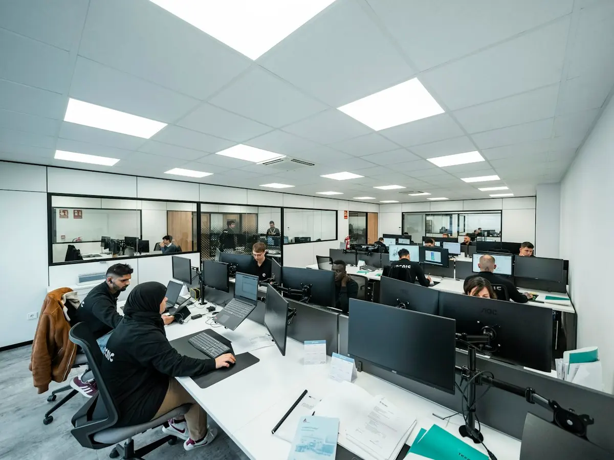 Software team working at rows of monitors in a bright office