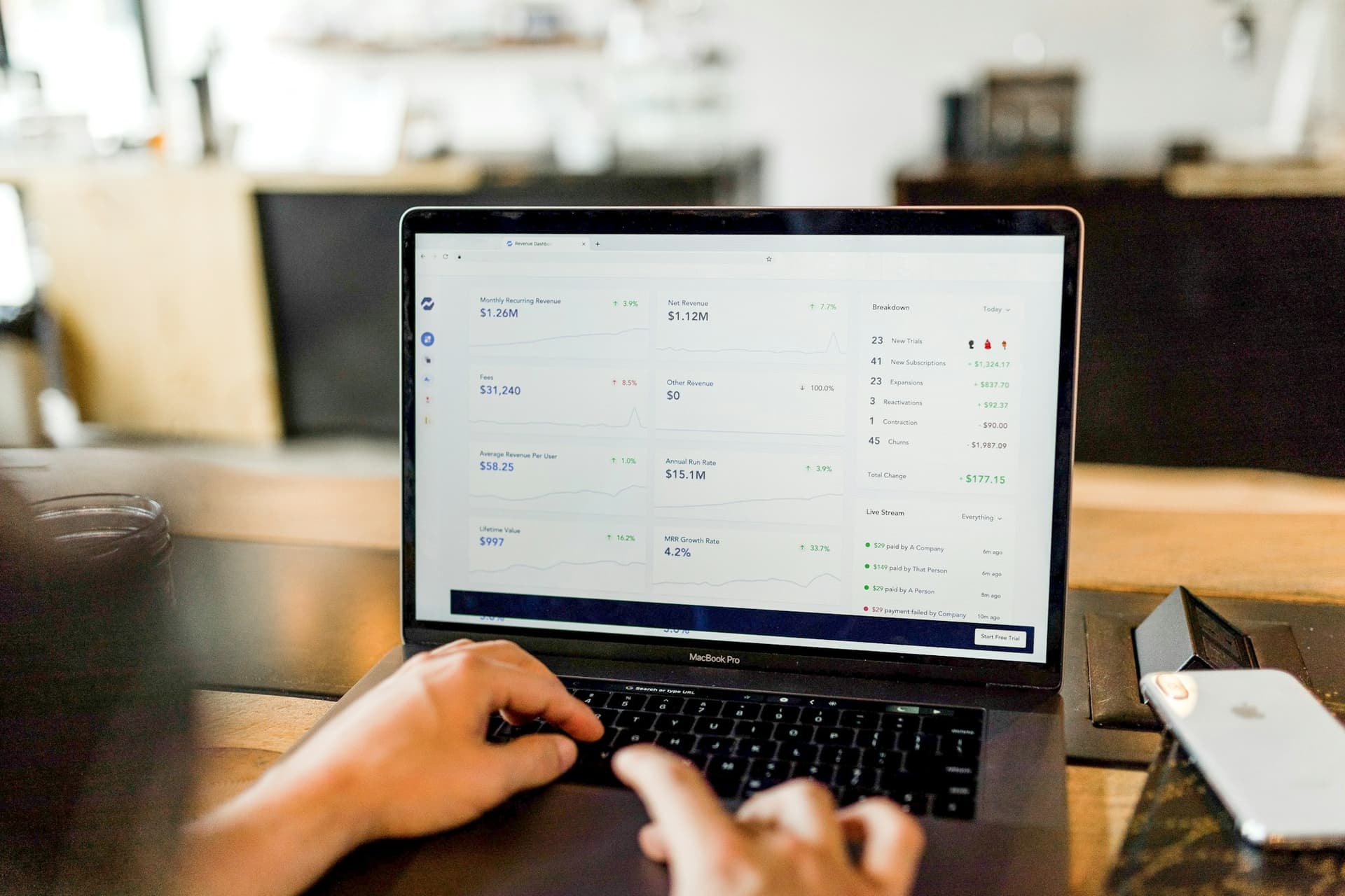 A company's revenue and expense figures under review on a laptop